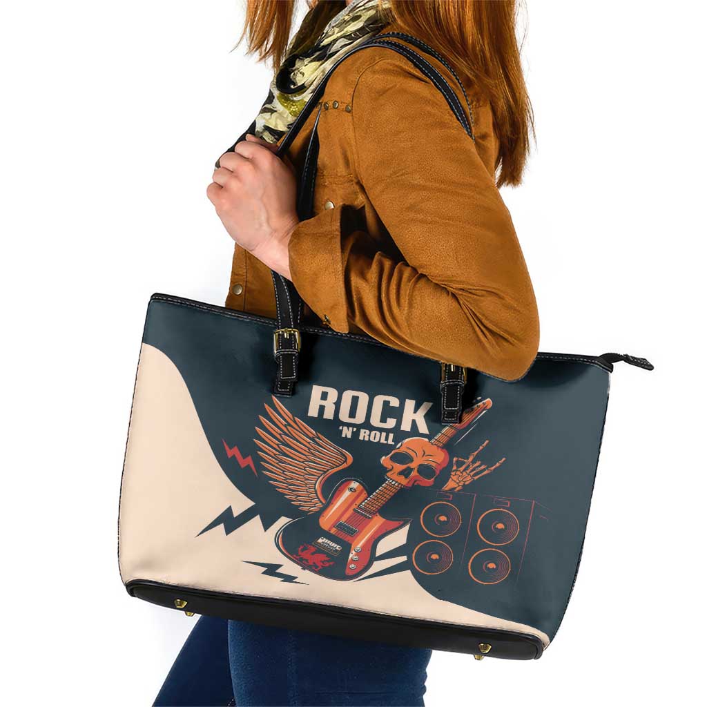 Rock and Roll Skull Guitar Leather Tote Bag Welsh Dragon