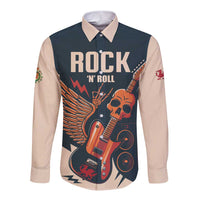 Beige long-sleeve button shirt with front skull guitar and wing graphic