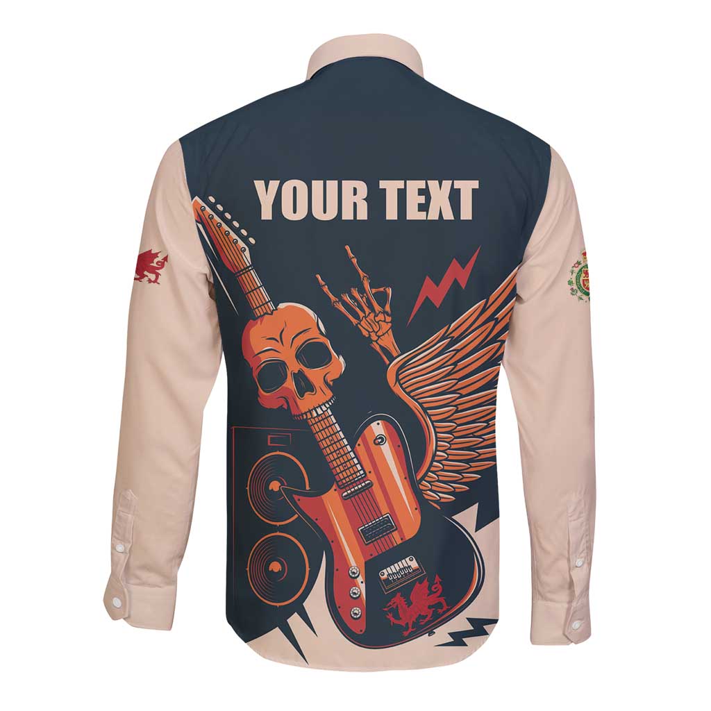 Beige long-sleeve button shirt with large back skull and guitar graphic
