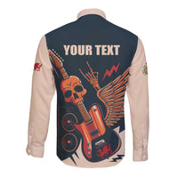 Beige long-sleeve button shirt with large back skull and guitar graphic