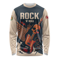 Unisex long-sleeve shirt, dark front skull-and-guitar graphic, beige sleeves
