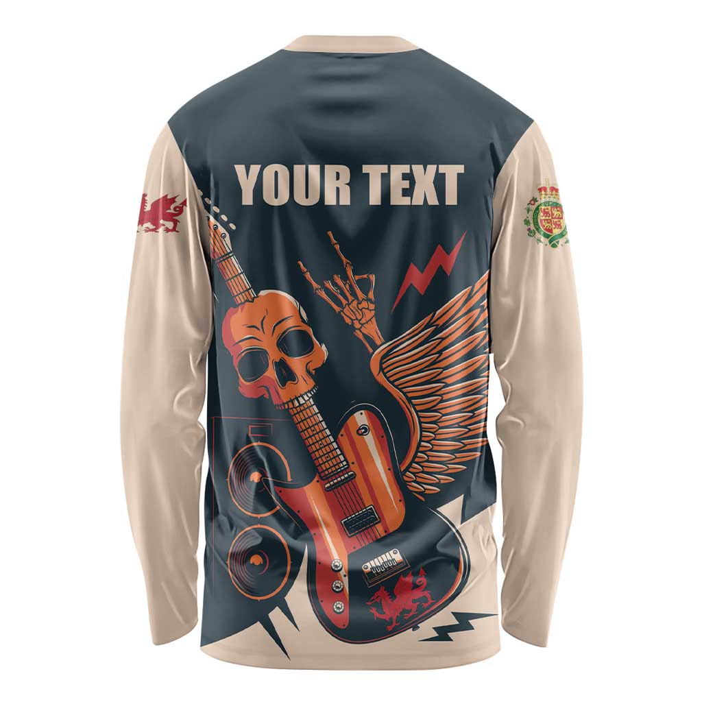 Unisex long-sleeve shirt with back graphic of skull and guitar, plus red/yellow text; beige sleeves