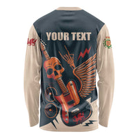 Unisex long-sleeve shirt with back graphic of skull and guitar, plus red/yellow text; beige sleeves