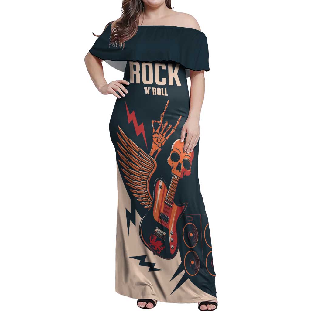 Rock and Roll Skull Guitar Off Shoulder Maxi Dress Welsh Dragon - Wonder Print Shop