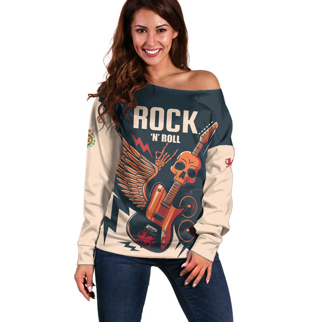 Rock and Roll Skull Guitar Off Shoulder Sweater Welsh Dragon - Wonder Print Shop