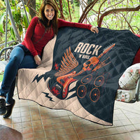 Rock and Roll skull guitar quilt in dark teal with white lightning wing and guitar art
