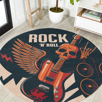 Round music-themed carpet with dark teal center, orange skull guitar and beige border