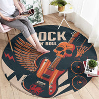 Round music-themed carpet, dark teal skull guitar graphic with 'Rock n Roll' lettering