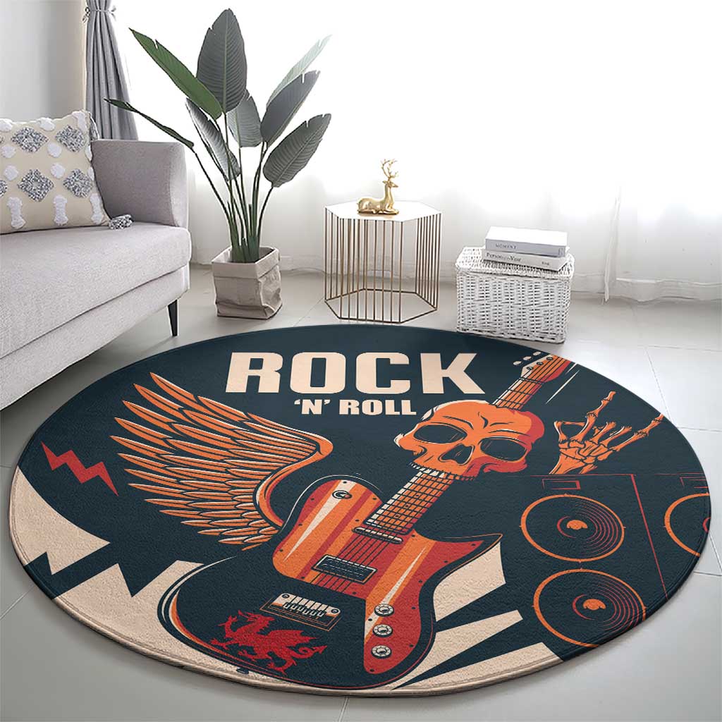 Round rock 'n roll carpet, dark teal with wings skull guitar and beige trim
