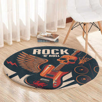 Round music-themed carpet, dark teal design with orange skull guitar and 'Rock n Roll' text