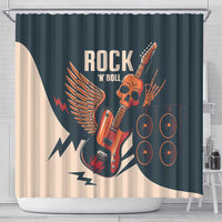 Dark teal shower curtain with winged electric guitar, skull, and speaker stack artwork