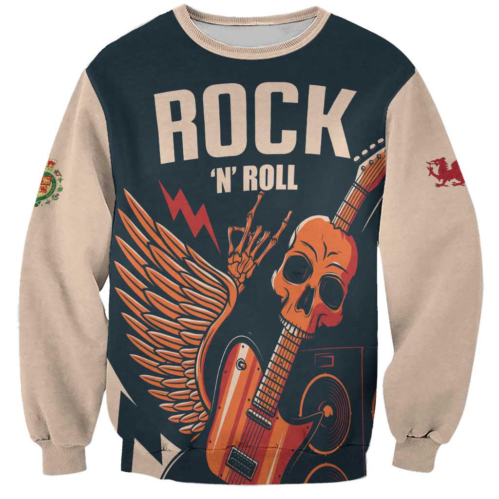 Unisex dark teal sweatshirt with skull and guitar wings graphic; beige sleeves