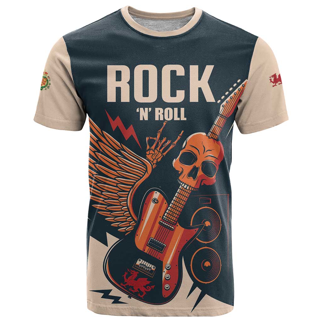 Rock and Roll Skull Guitar T Shirt Welsh Dragon