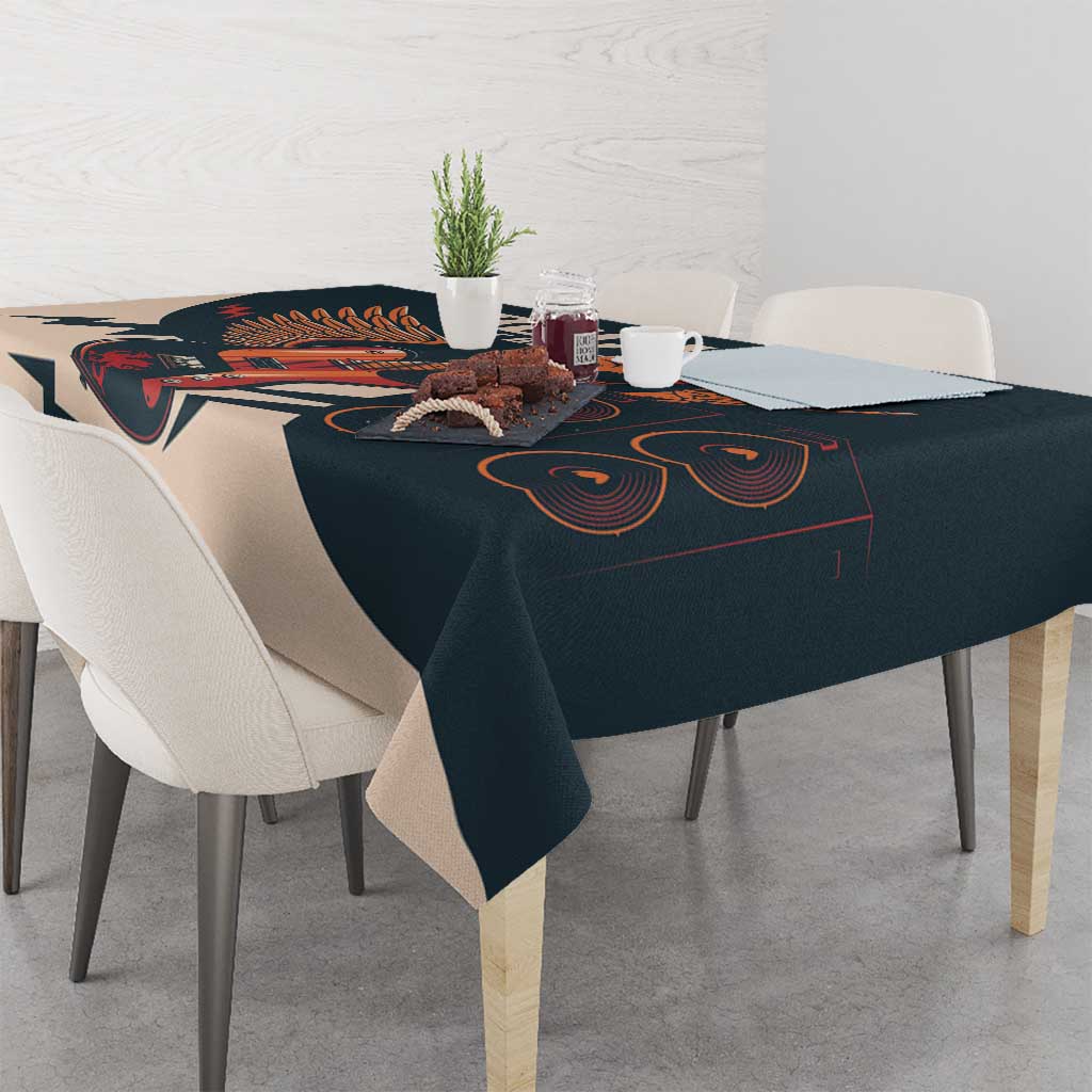 Skull guitar tablecloth corner view with dark teal and beige rock print