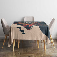Skull guitar tablecloth on round dining table, dark teal and beige center graphic