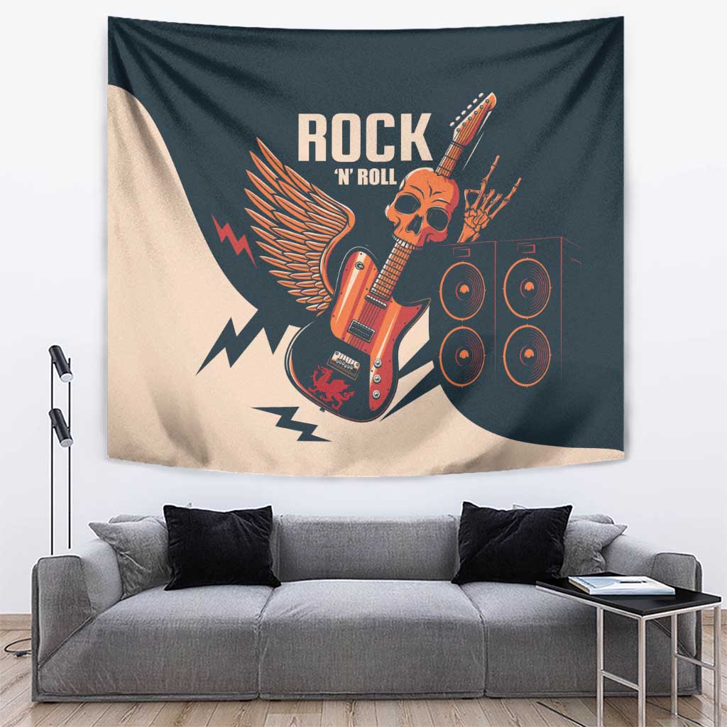 Rock 'n Roll skull guitar wall tapestry, dark teal and beige with speakers graphic