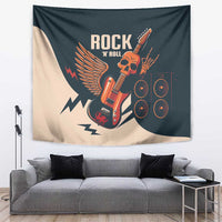 Rock 'n Roll skull guitar wall tapestry, dark teal and beige with speakers graphic