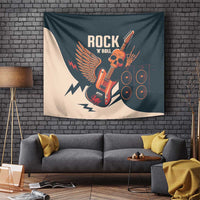 Rock 'n Roll skull guitar wall tapestry with wing and speaker design, dark teal and beige