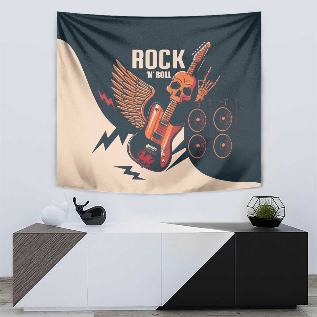 Rock 'n Roll skull guitar tapestry, dark teal and beige with guitar and speaker artwork