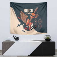 Rock 'n Roll skull guitar tapestry, dark teal and beige with guitar and speaker artwork