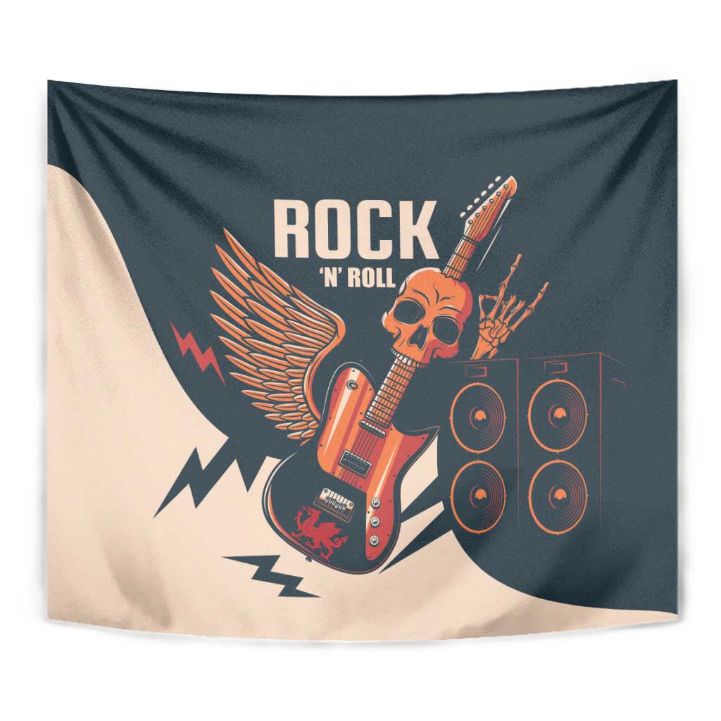 Rock 'n Roll skull guitar wall tapestry, dark teal with beige wing curve and speakers