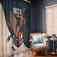 Rock guitar skull window curtain, dark teal with beige side panel and guitar artwork