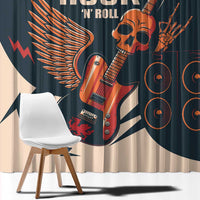 Close-up of rock guitar skull window curtain print on dark teal fabric with beige background