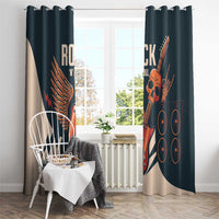 Rock guitar skull window curtains in dark teal and beige, featuring winged guitar graphic