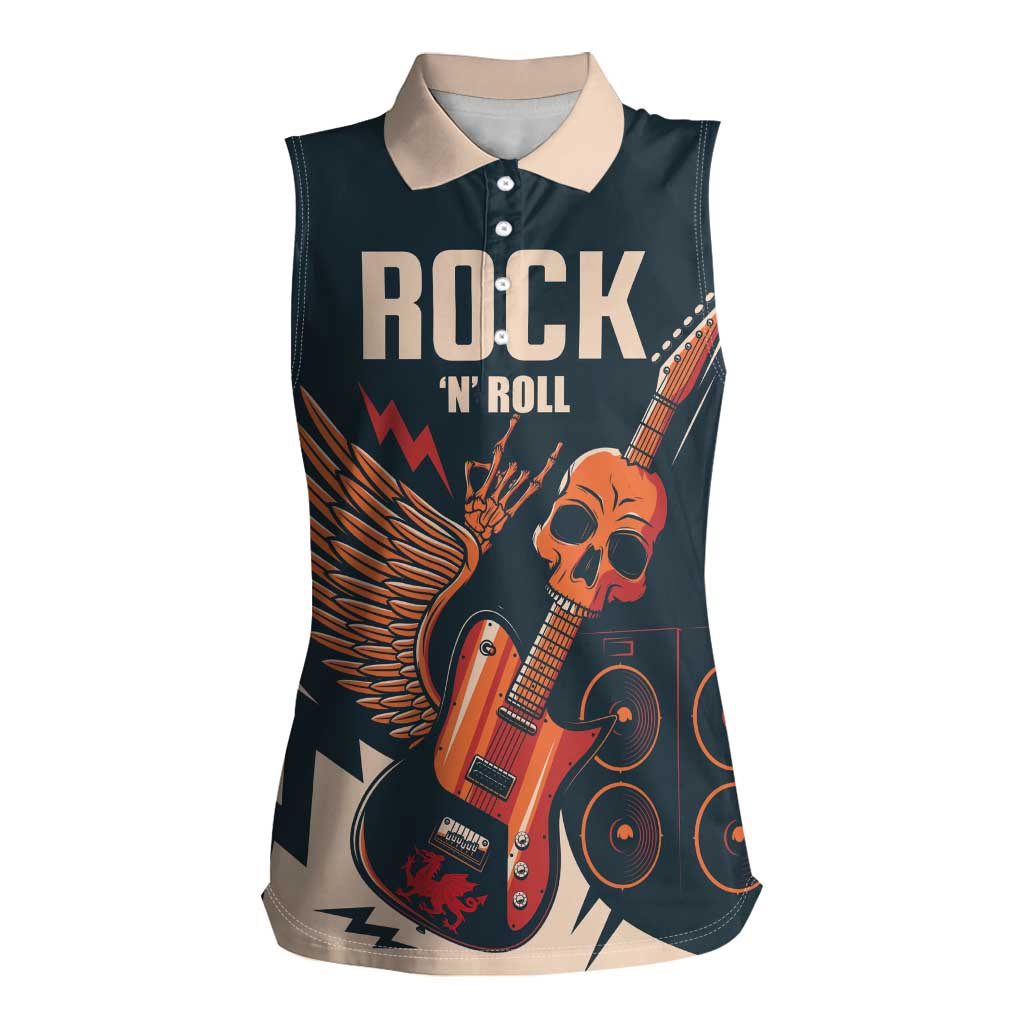 Rock and Roll Skull Guitar Women Sleeveless Polo Shirt Welsh Dragon