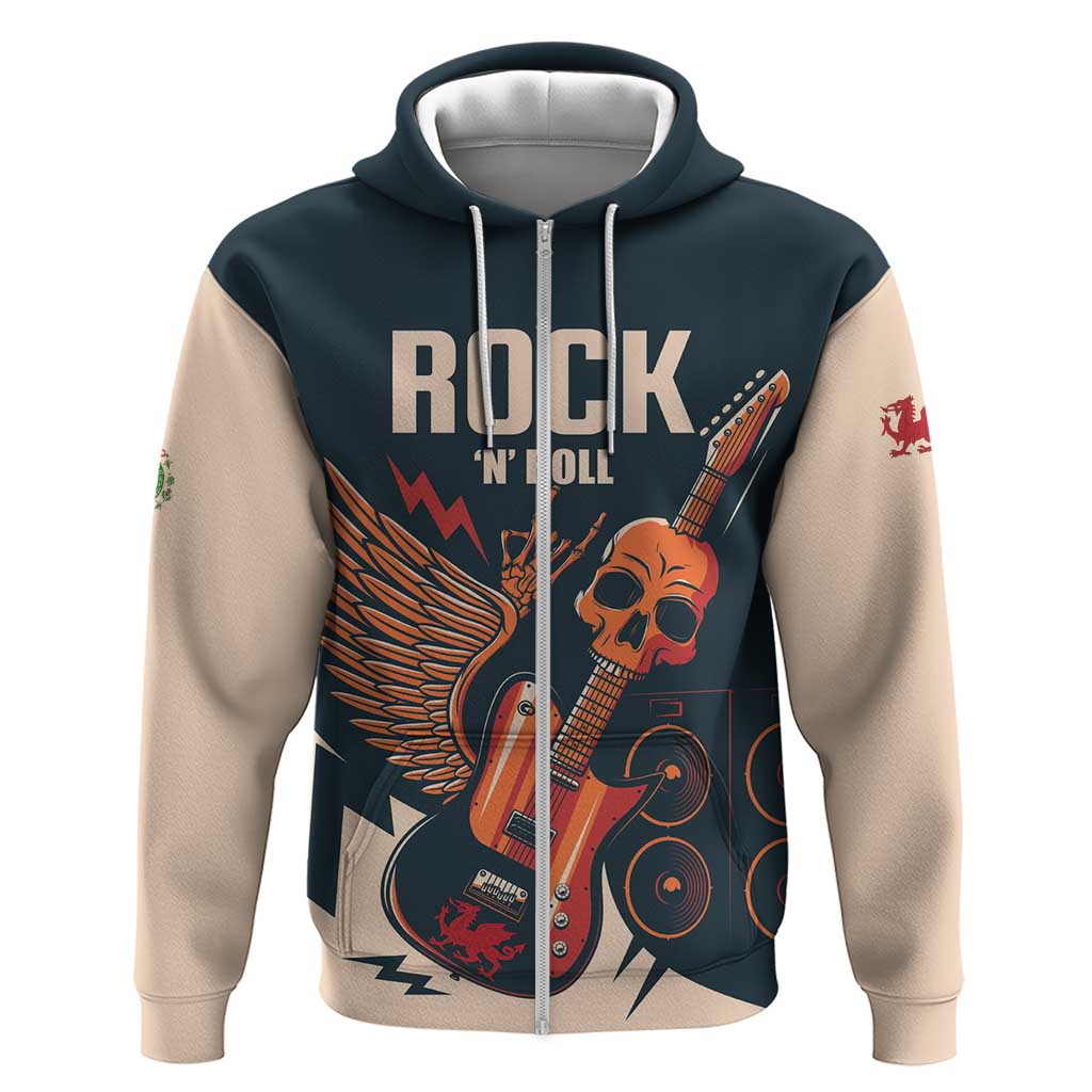 Rock and Roll Skull Guitar Zip Hoodie Welsh Dragon