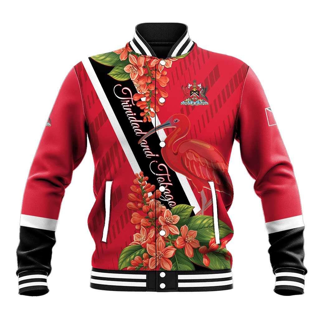 Red baseball jacket with black-and-white striped collar, button front, floral bird graphic