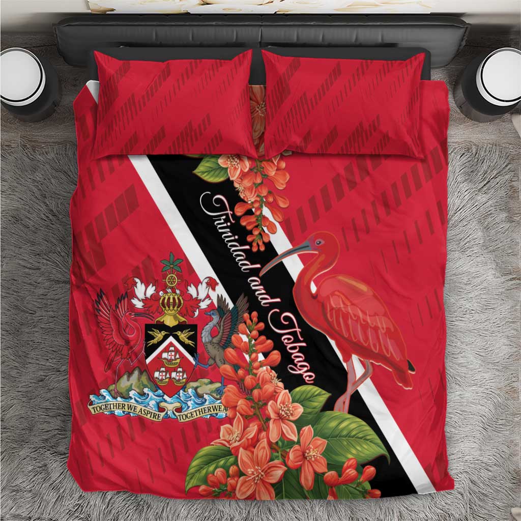 Red bedding set with two pillowcases and duvet; flamingo and flower artwork on diagonal stripe