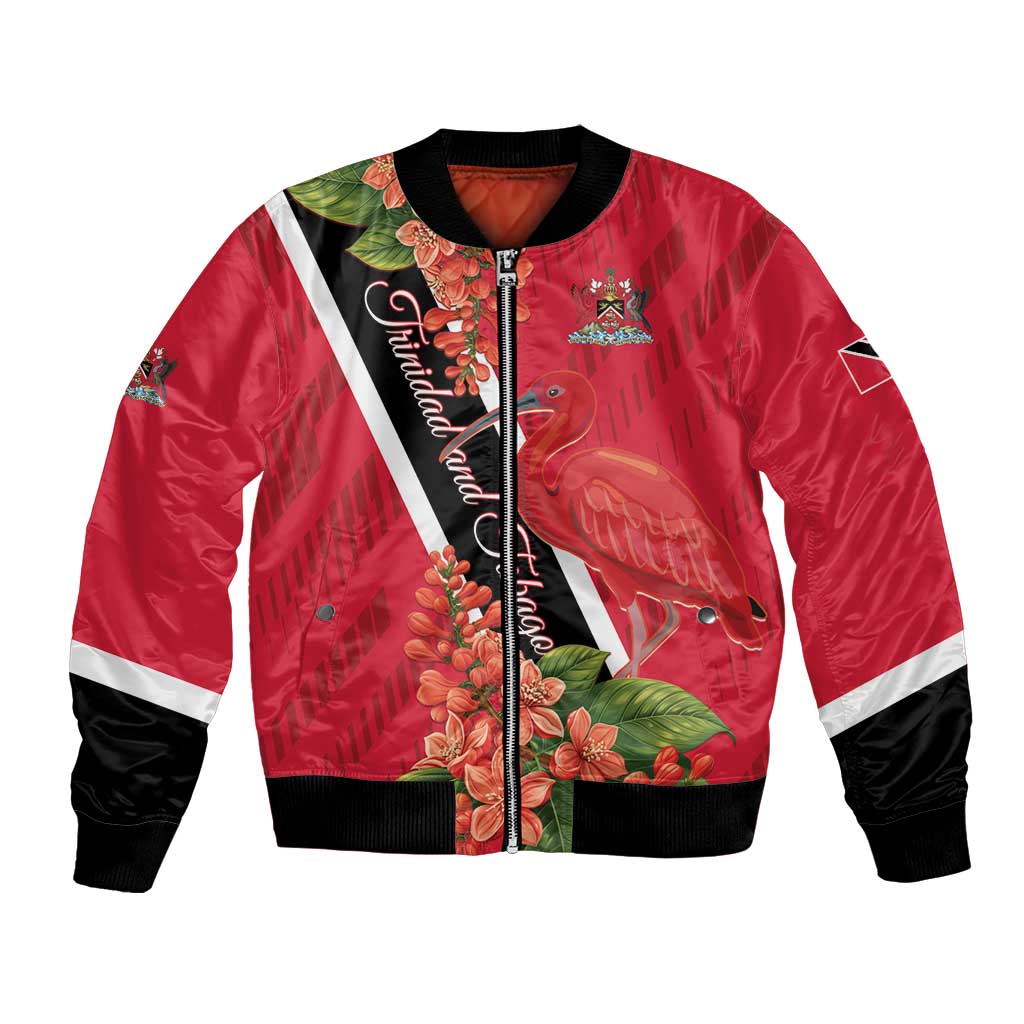Red bomber jacket with front zipper, black ribbed cuffs, white stripe, floral bird print