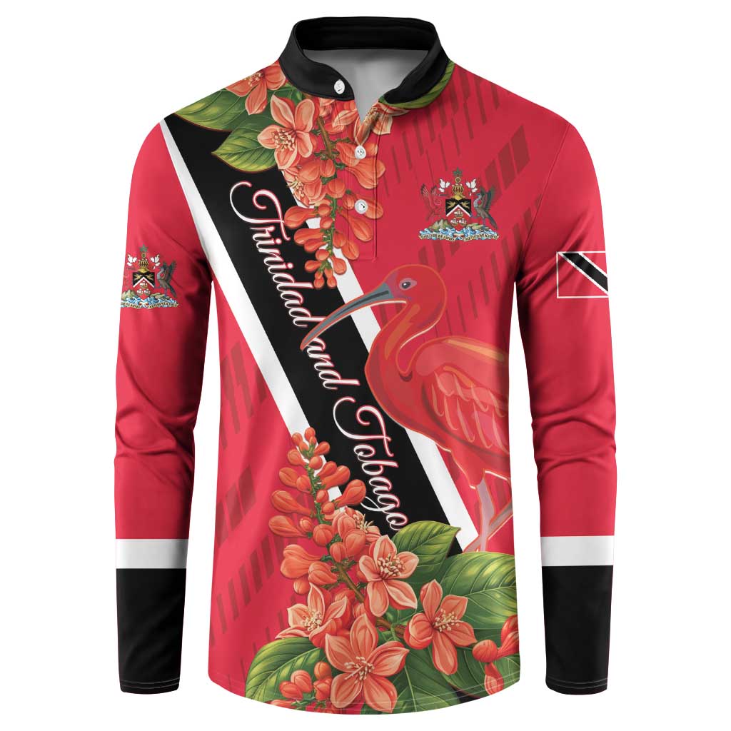 Red button-front polo-style sweatshirt with floral bird graphic and black trim