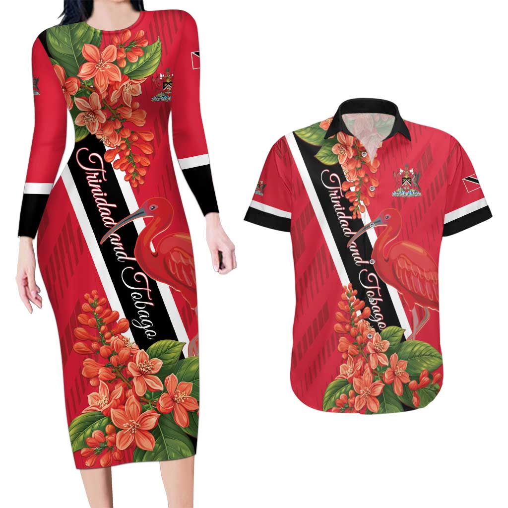 Trinidad and Tobago Couples Matching Long Sleeve Bodycon Dress and Hawaiian Shirt Scarlet Ibis With Chaconia Flower - Wonder Print Shop