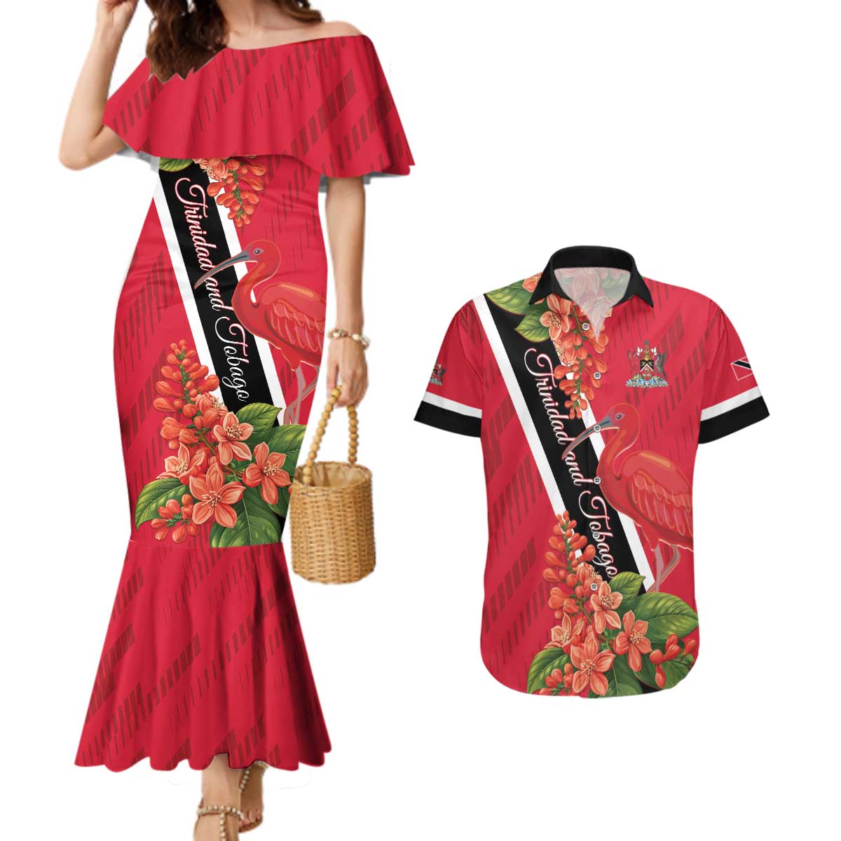 Trinidad and Tobago Couples Matching Mermaid Dress and Hawaiian Shirt Scarlet Ibis With Chaconia Flower - Wonder Print Shop