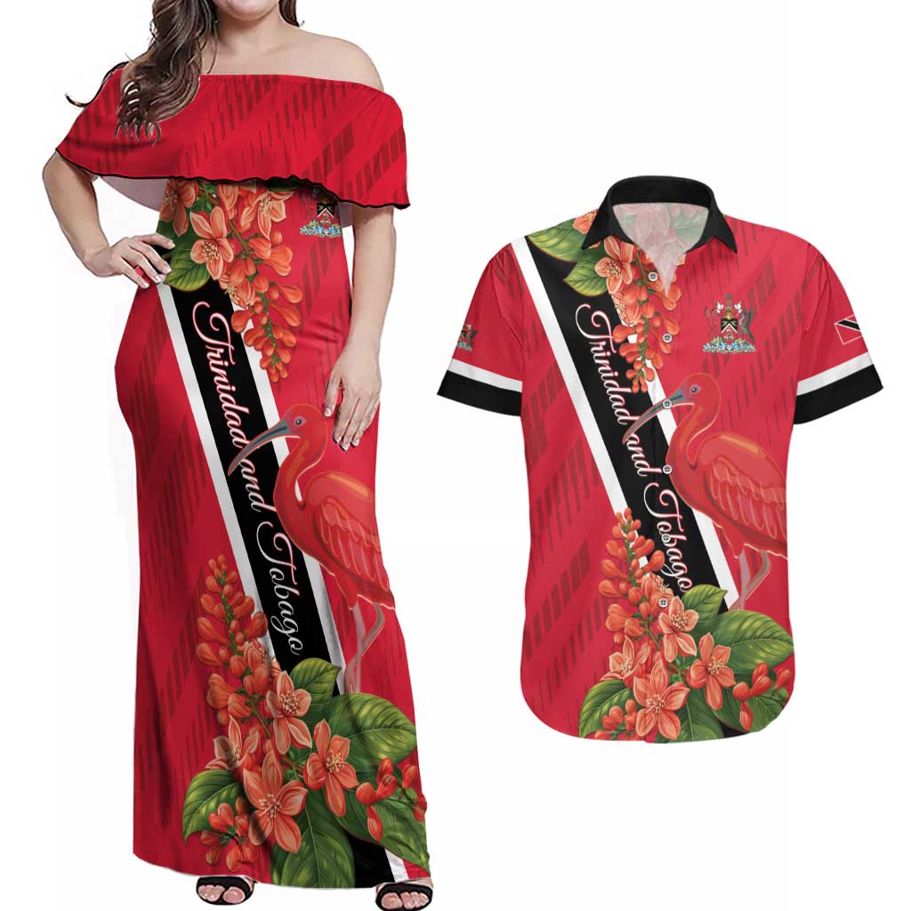 Trinidad and Tobago Couples Matching Off Shoulder Maxi Dress and Hawaiian Shirt Scarlet Ibis With Chaconia Flower - Wonder Print Shop