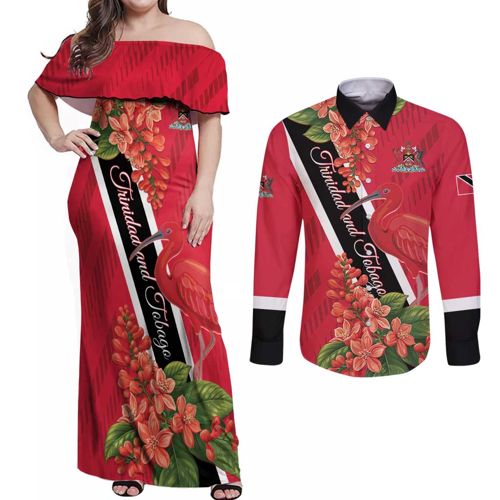 Trinidad and Tobago Couples Matching Off Shoulder Maxi Dress and Long Sleeve Button Shirt Scarlet Ibis With Chaconia Flower - Wonder Print Shop