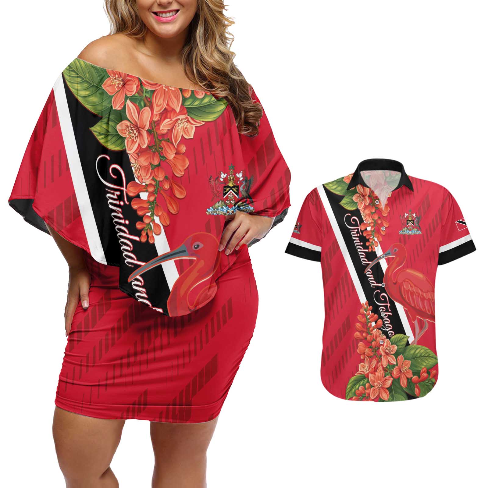 Trinidad and Tobago Couples Matching Off Shoulder Short Dress and Hawaiian Shirt Scarlet Ibis With Chaconia Flower - Wonder Print Shop