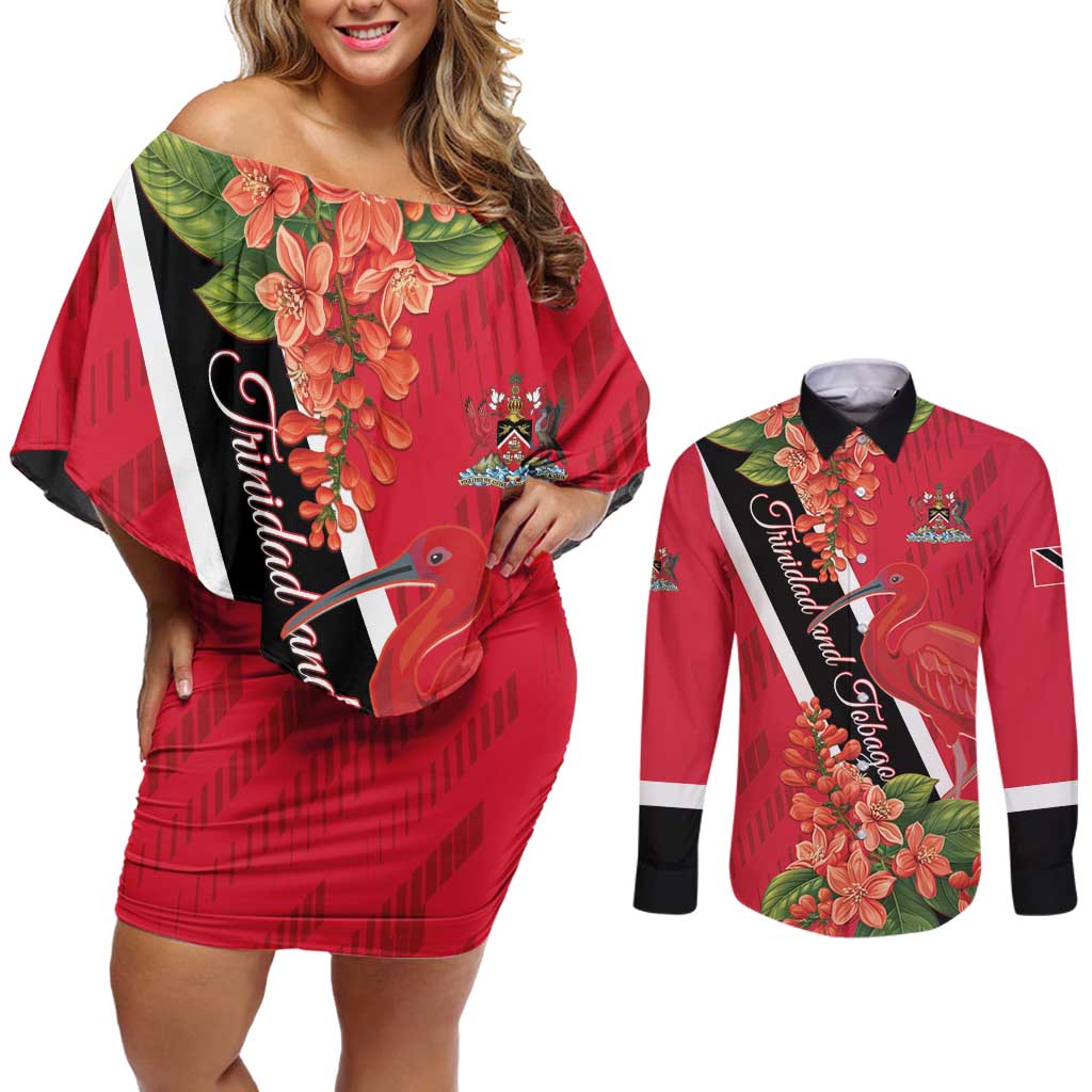 Trinidad and Tobago Couples Matching Off Shoulder Short Dress and Long Sleeve Button Shirt Scarlet Ibis With Chaconia Flower - Wonder Print Shop