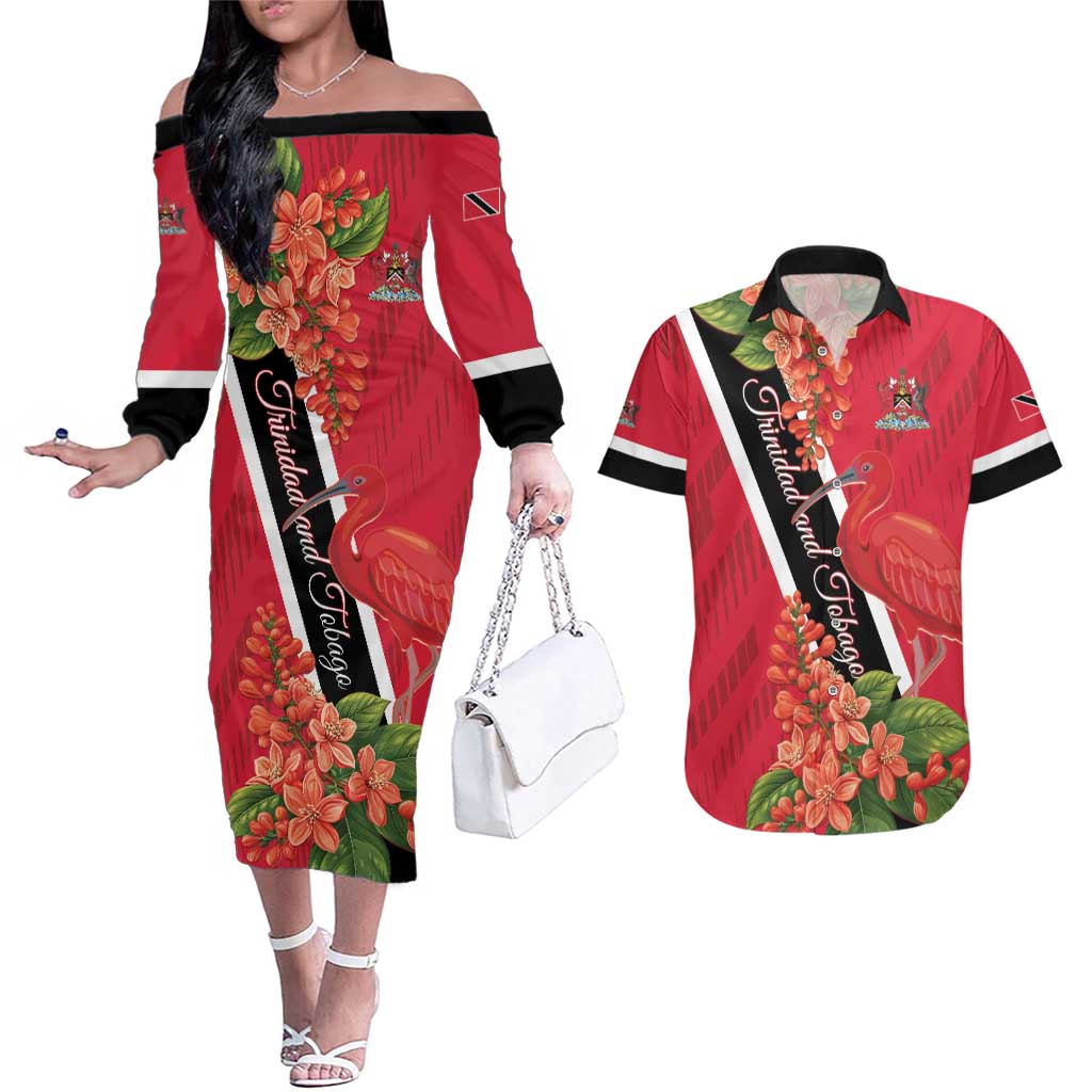 Trinidad and Tobago Couples Matching Off The Shoulder Long Sleeve Dress and Hawaiian Shirt Scarlet Ibis With Chaconia Flower - Wonder Print Shop