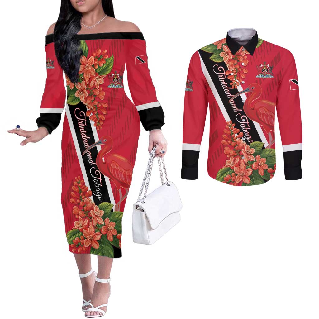 Trinidad and Tobago Couples Matching Off The Shoulder Long Sleeve Dress and Long Sleeve Button Shirt Scarlet Ibis With Chaconia Flower