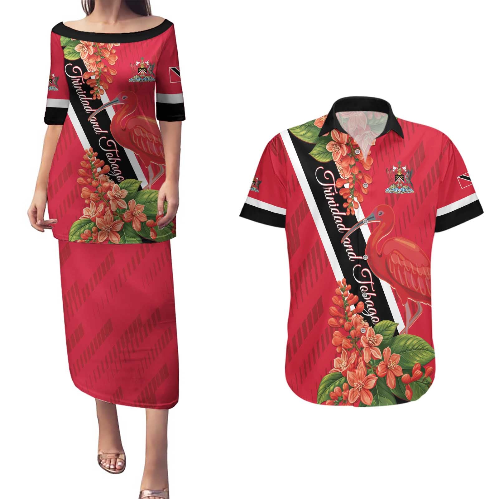 Trinidad and Tobago Couples Matching Puletasi and Hawaiian Shirt Scarlet Ibis With Chaconia Flower - Wonder Print Shop