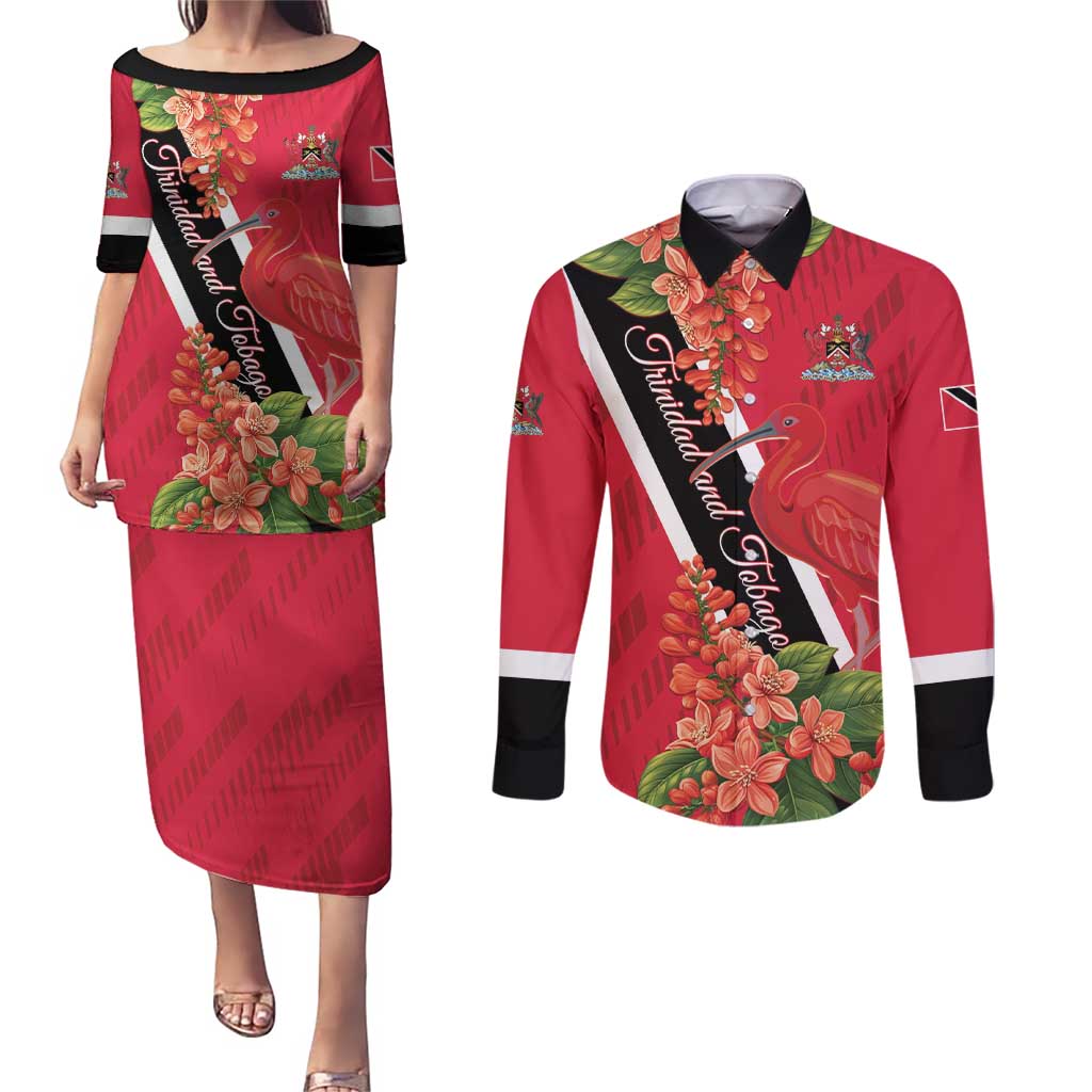 Trinidad and Tobago Couples Matching Puletasi and Long Sleeve Button Shirt Scarlet Ibis With Chaconia Flower - Wonder Print Shop