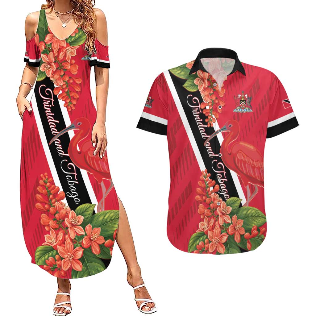 Trinidad and Tobago Couples Matching Summer Maxi Dress and Hawaiian Shirt Scarlet Ibis With Chaconia Flower - Wonder Print Shop