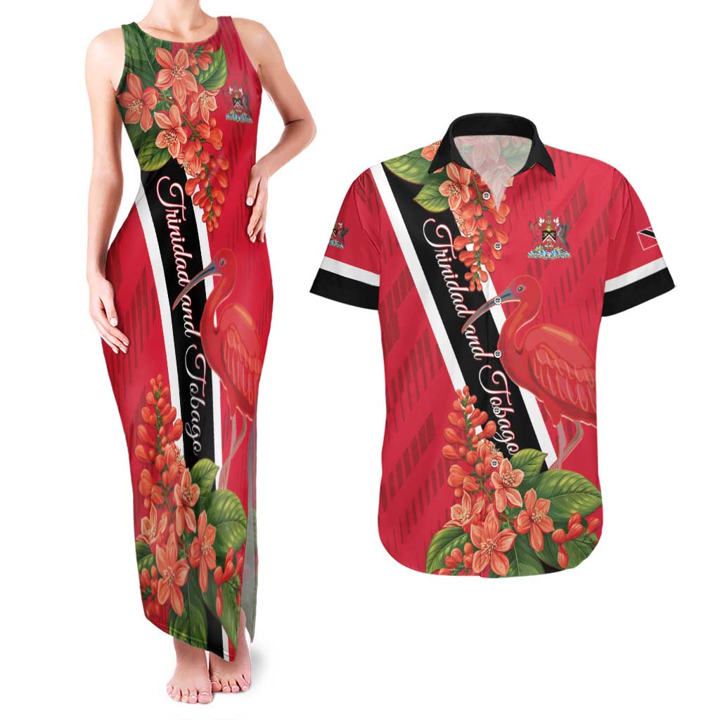 Trinidad and Tobago Couples Matching Tank Maxi Dress and Hawaiian Shirt Scarlet Ibis With Chaconia Flower - Wonder Print Shop