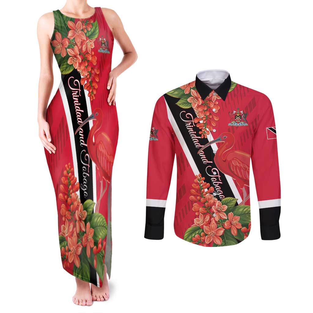 Trinidad and Tobago Couples Matching Tank Maxi Dress and Long Sleeve Button Shirt Scarlet Ibis With Chaconia Flower - Wonder Print Shop