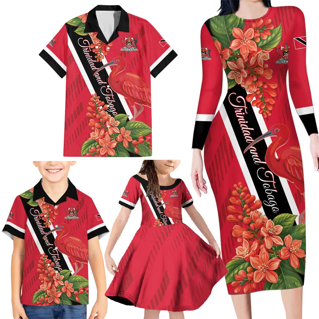 Trinidad and Tobago Family Matching Long Sleeve Bodycon Dress and Hawaiian Shirt Scarlet Ibis With Chaconia Flower - Wonder Print Shop