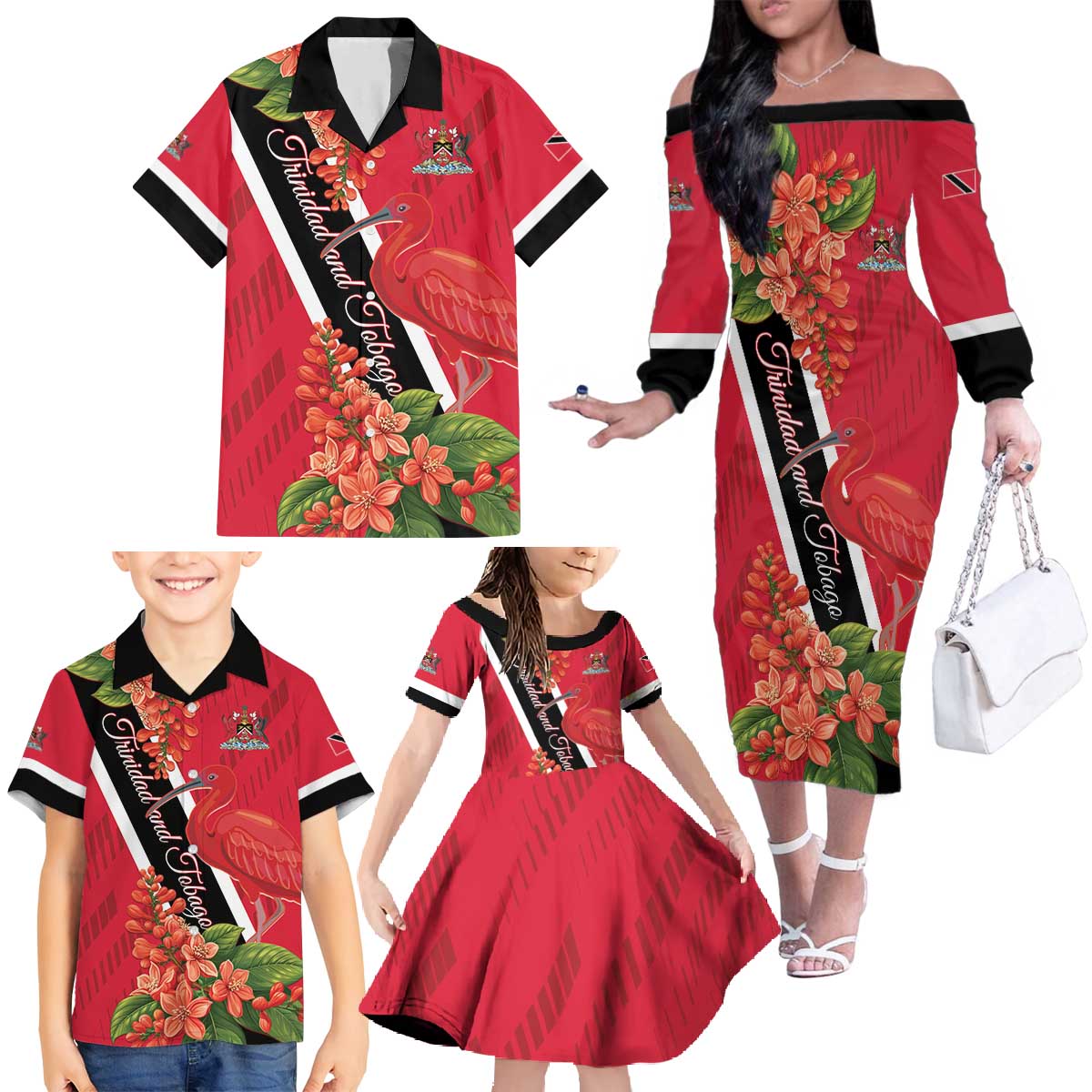 Trinidad and Tobago Family Matching Off The Shoulder Long Sleeve Dress and Hawaiian Shirt Scarlet Ibis With Chaconia Flower - Wonder Print Shop