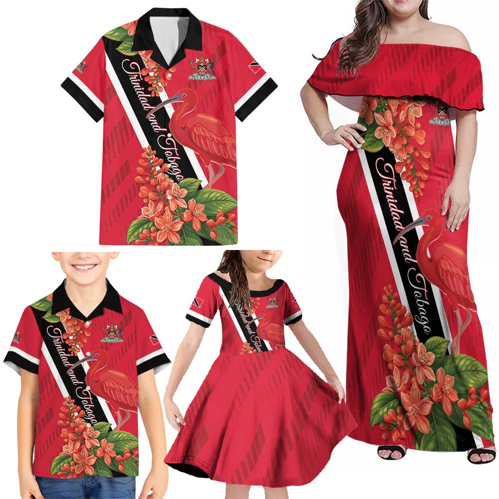 Trinidad and Tobago Family Matching Off Shoulder Maxi Dress and Hawaiian Shirt Scarlet Ibis With Chaconia Flower - Wonder Print Shop